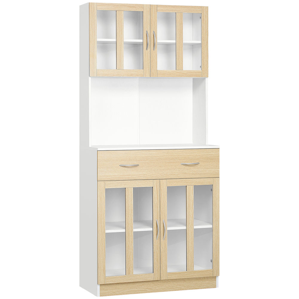 Un armario de madera clara con puertas de cristal y cajones.