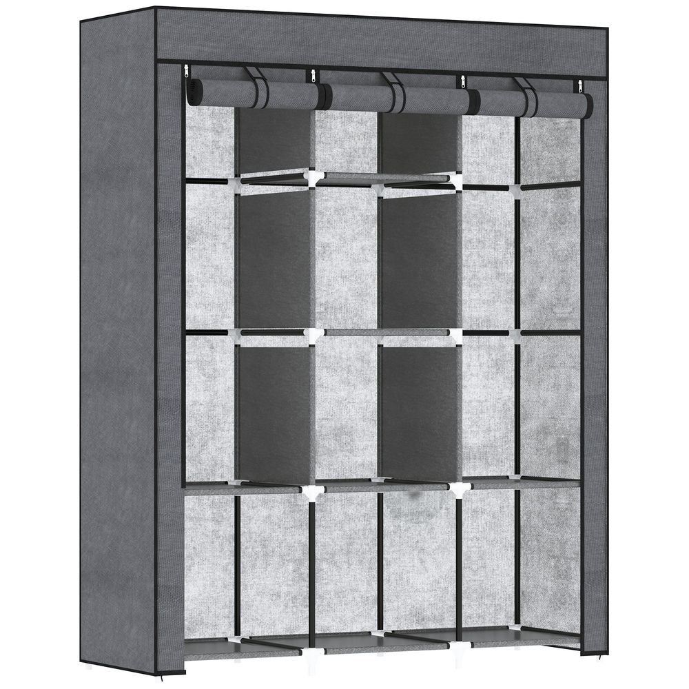 Armario de tela gris con 12 compartimentos y puertas enrollables arriba.