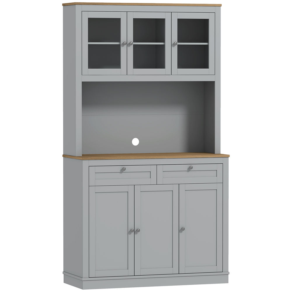 Un aparador de madera gris con puertas de cristal arriba y cajones/puertas abajo.