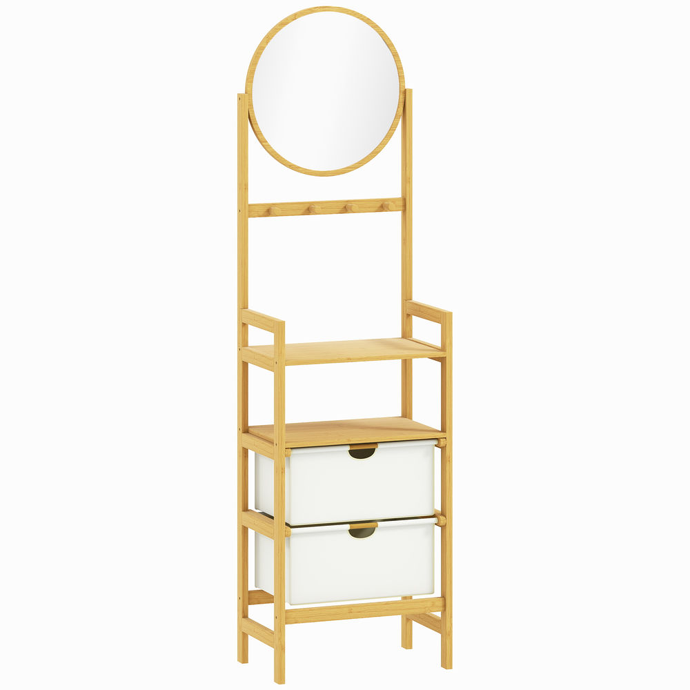 Un soporte de madera alto y estrecho con espejo redondo, ganchos y dos cajones blancos.