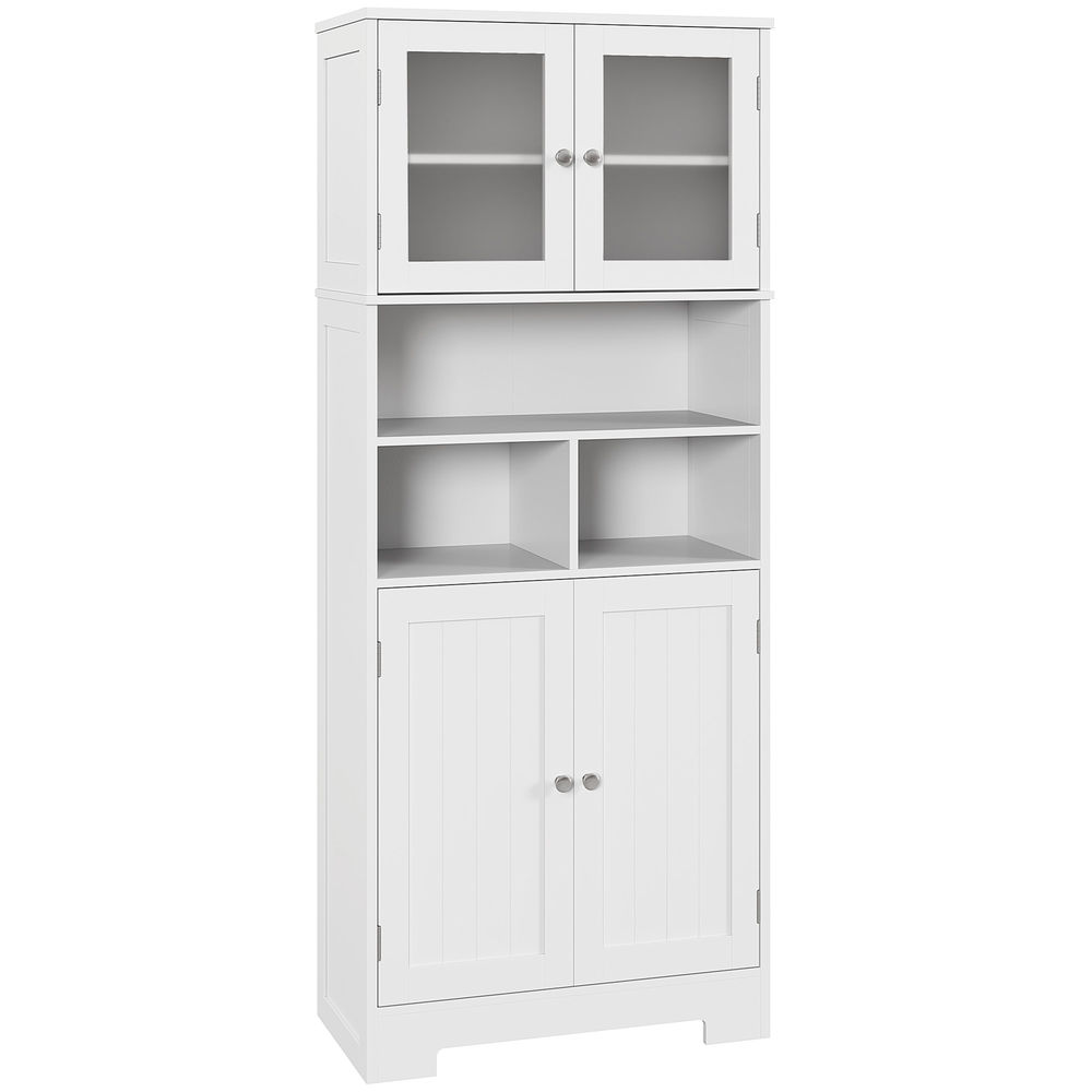 Un gabinete alto, blanco y de madera con puertas de vidrio arriba y puertas sólidas abajo.