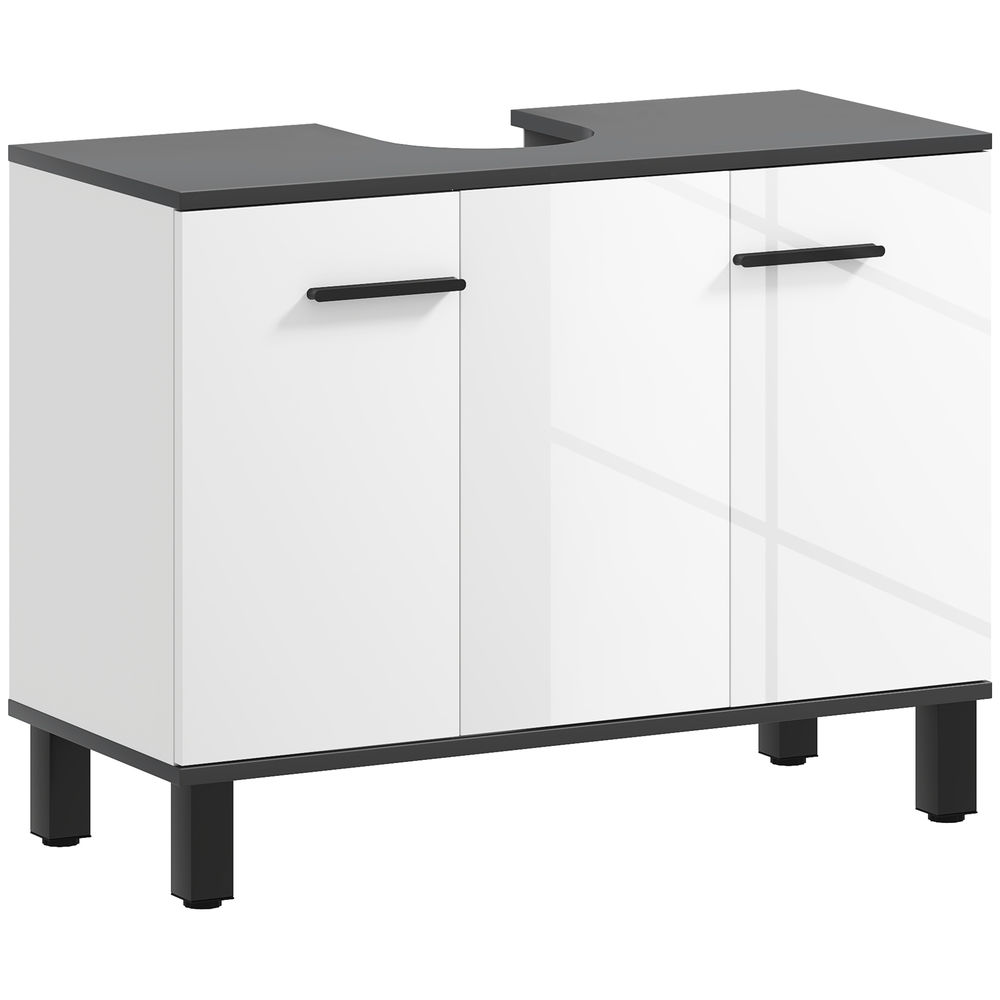 Un mueble blanco con tapa gris, tiradores negros y patas negras.