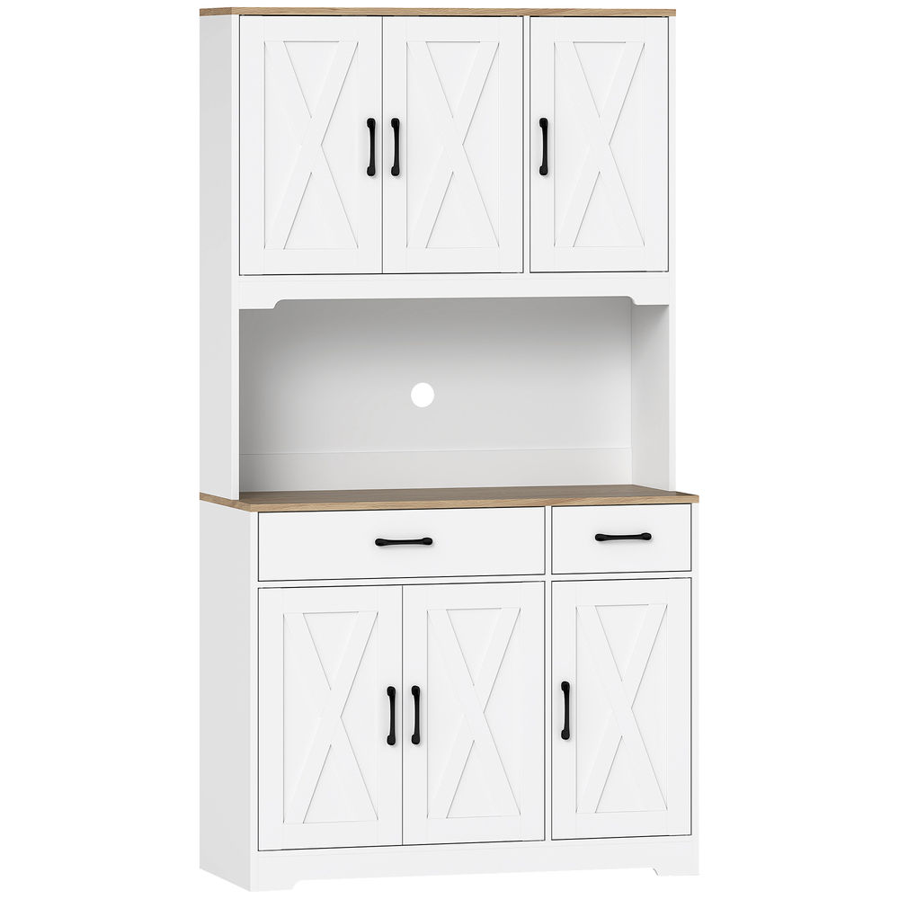 Un aparador de cocina blanco con detalles de madera, puertas y cajones.