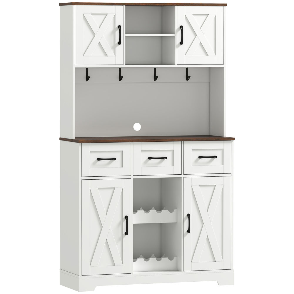 Un gabinete blanco con tapa de madera, múltiples cajones y puertas.