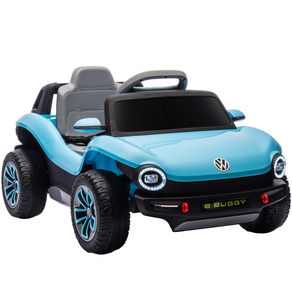 Un coche eléctrico de juguete azul claro estilo buggy con detalles negros.