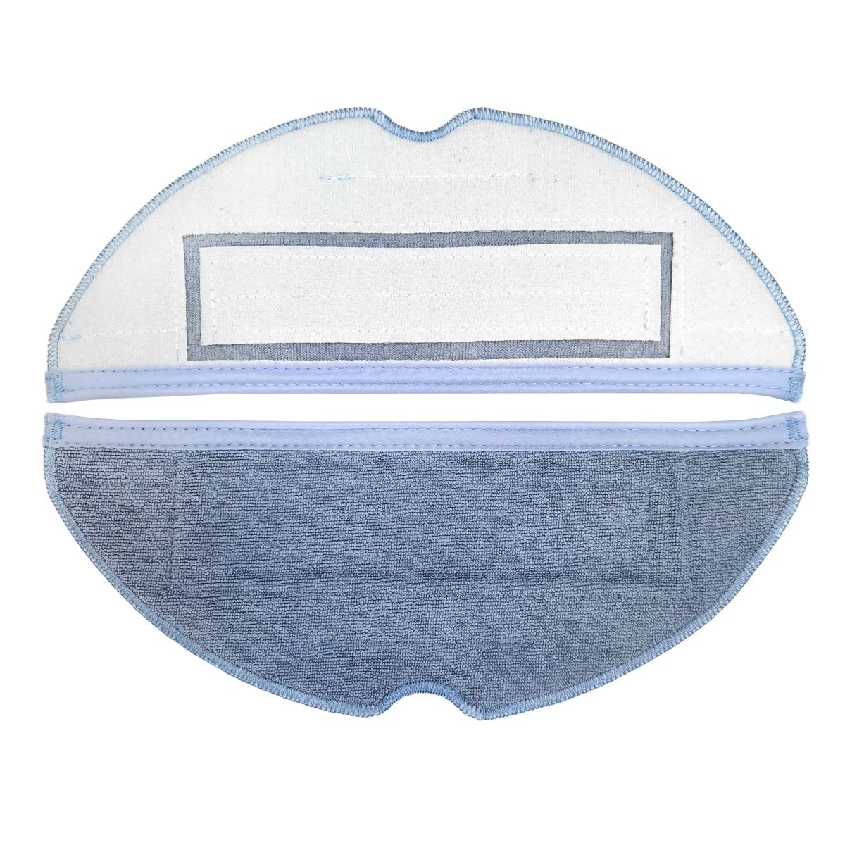 Dwie niebieskie nakładki mopujące do robota sprzątającego, biała część górna, niebieska część dolna z tkaniny.