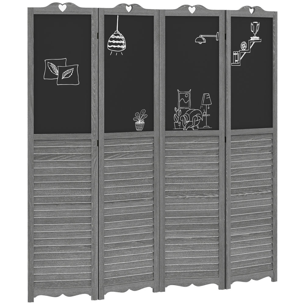 Divisor de habitación gris con dibujos a tiza: hojas, lámpara, planta, estante, trofeo.