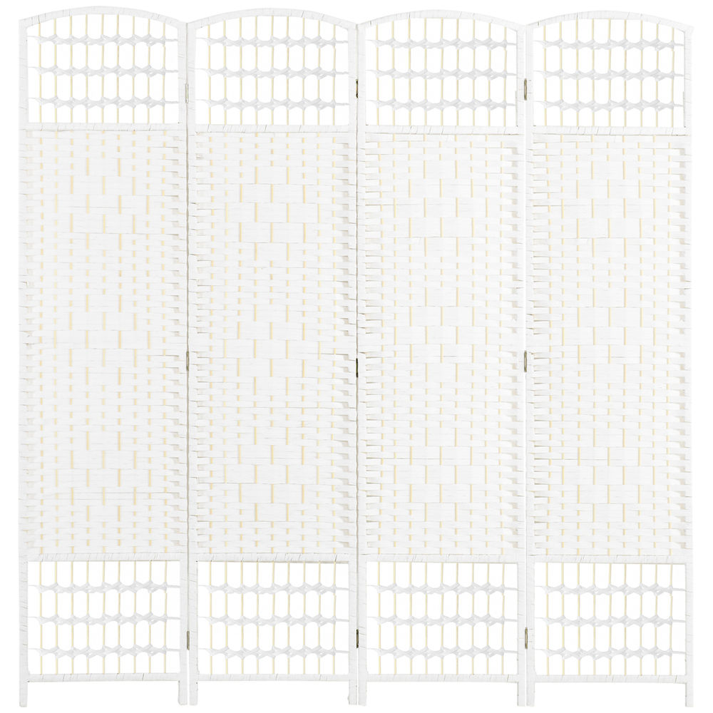 Un divisor de habitación blanco de cuatro paneles con patrón tejido.