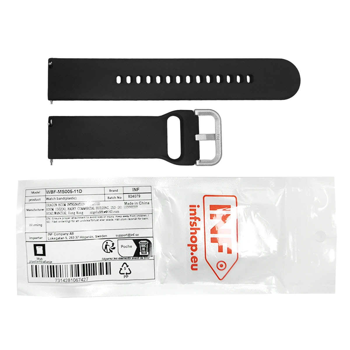 Czarny plastikowy pasek do zegarka z metalową klamrą i opakowaniem.