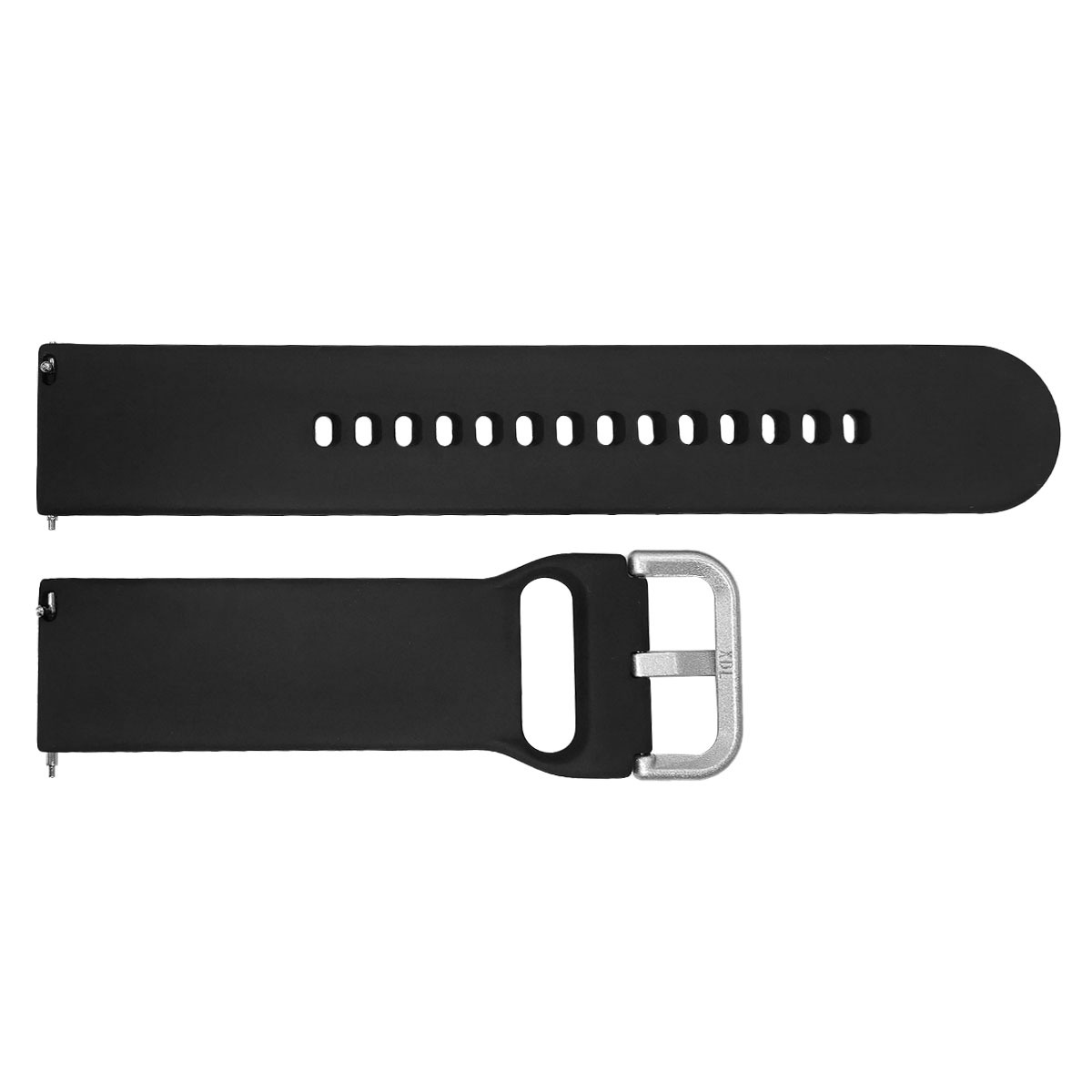 Dwa czarne paski do zegarka, jeden z dziurkami, drugi z klamrą.