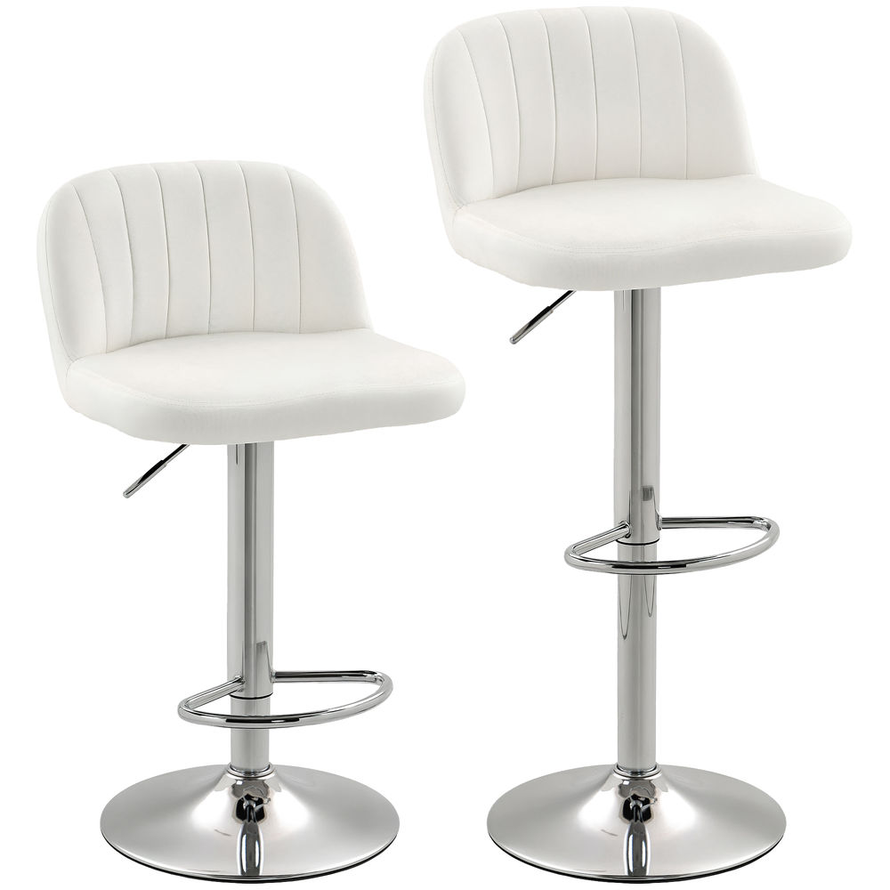 Dos taburetes blancos con base cromada y altura ajustable.