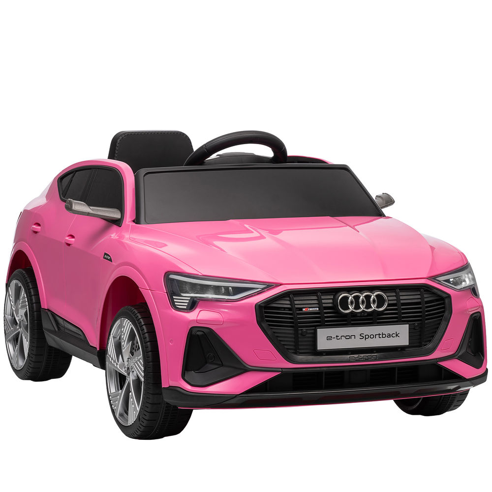Un coche de juguete rosa, Audi e-tron Sportback, con detalles negros.