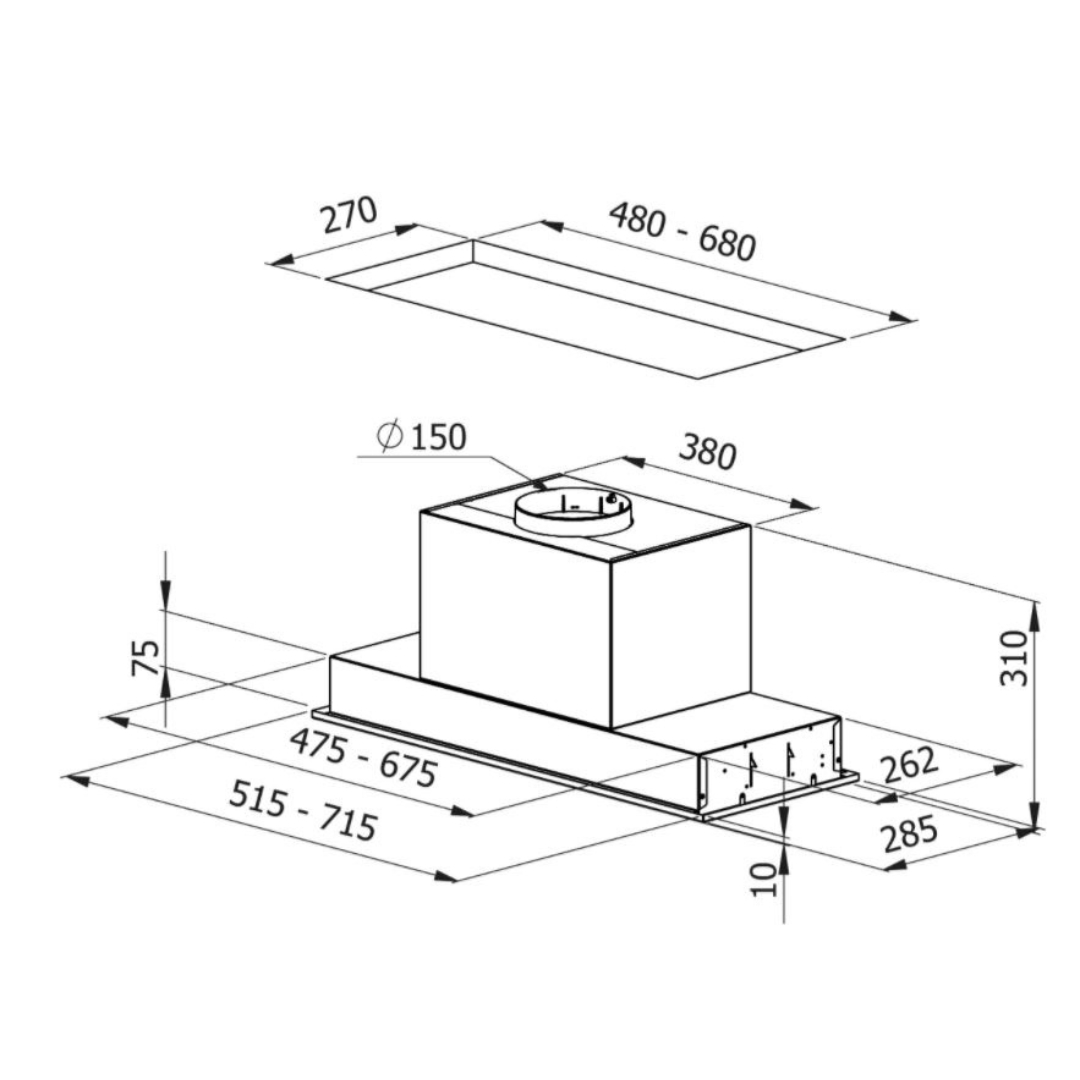 Disegno tecnico di una cappa da cucina con dimensioni.