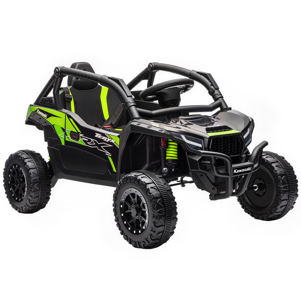 Un UTV infantil Kawasaki negro y verde con neumáticos grandes y jaula antivuelco.