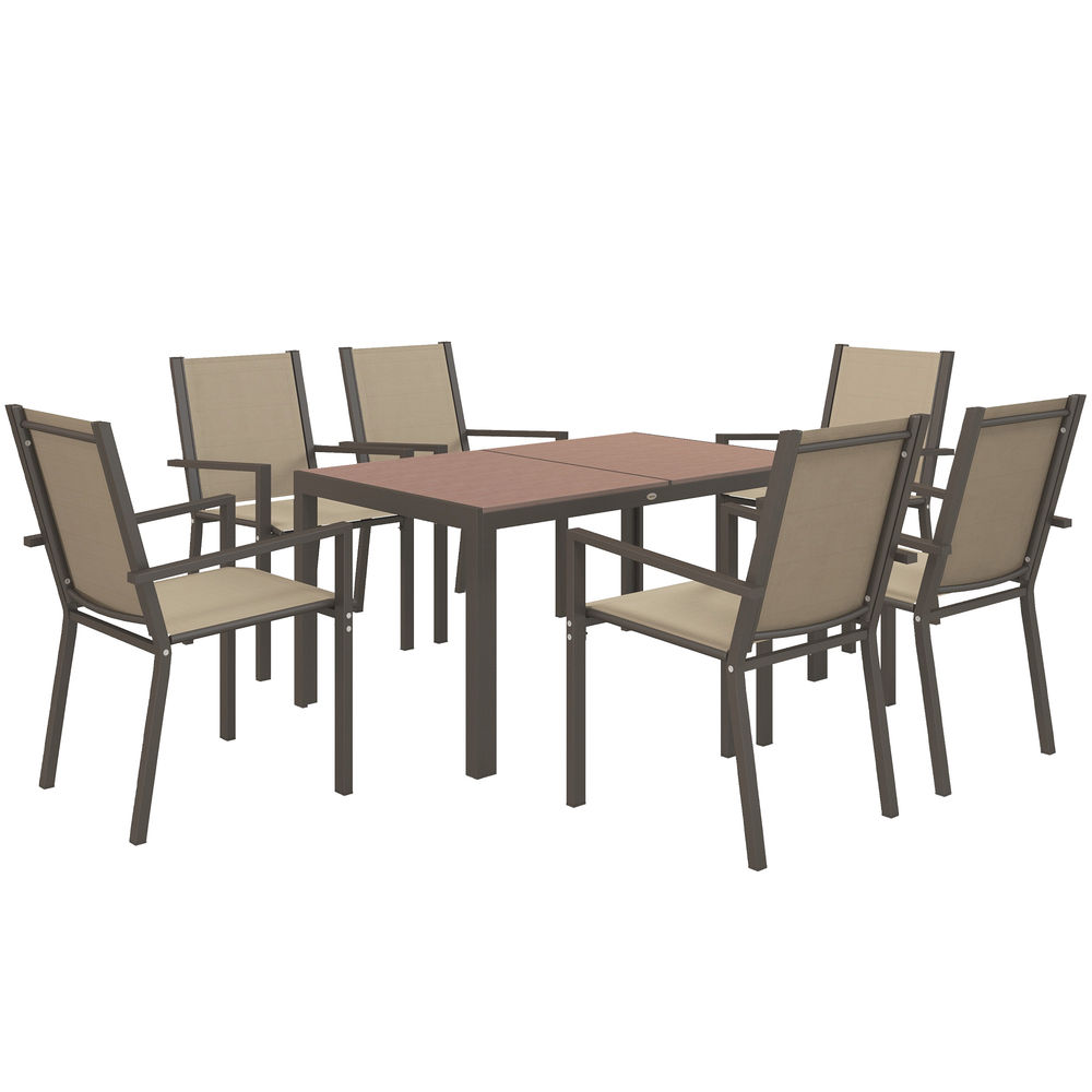 Una mesa rectangular con seis sillas marrones de tela beige.