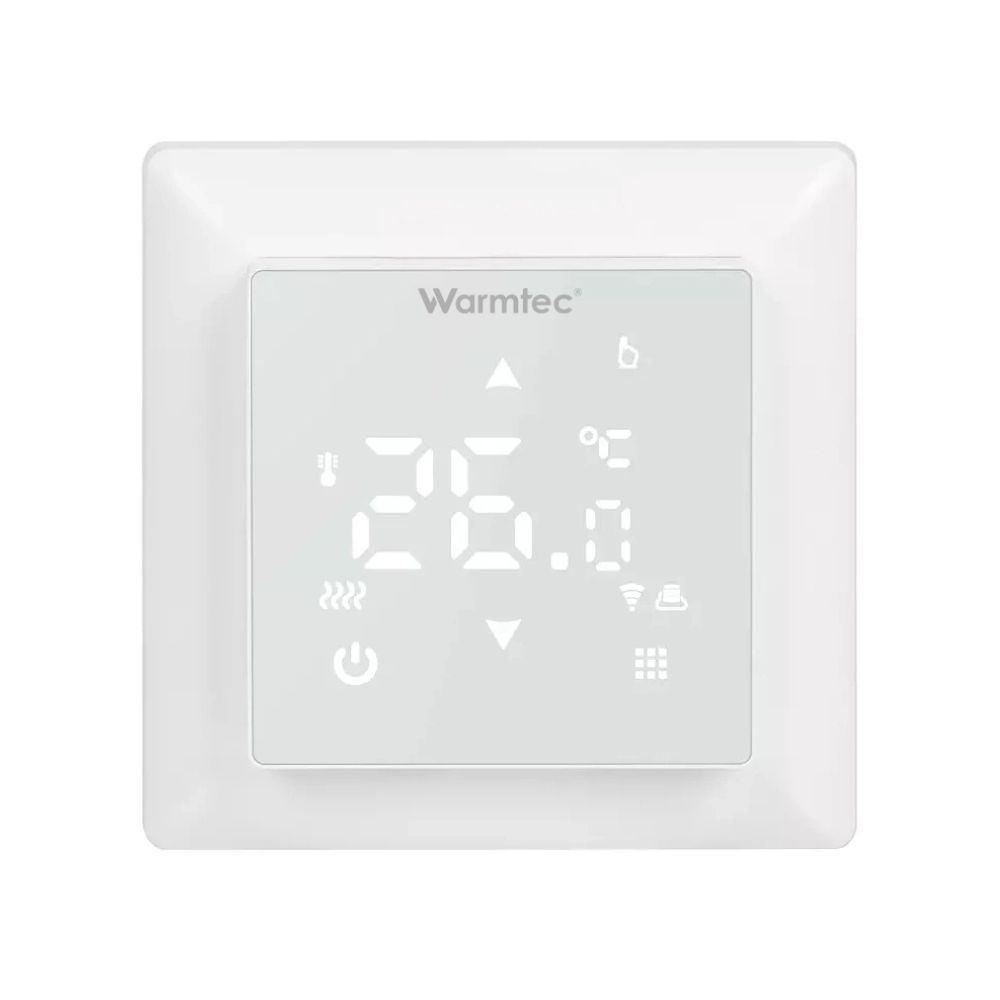 Biały termostat cyfrowy pokazuje 26,0 stopni Celsjusza.