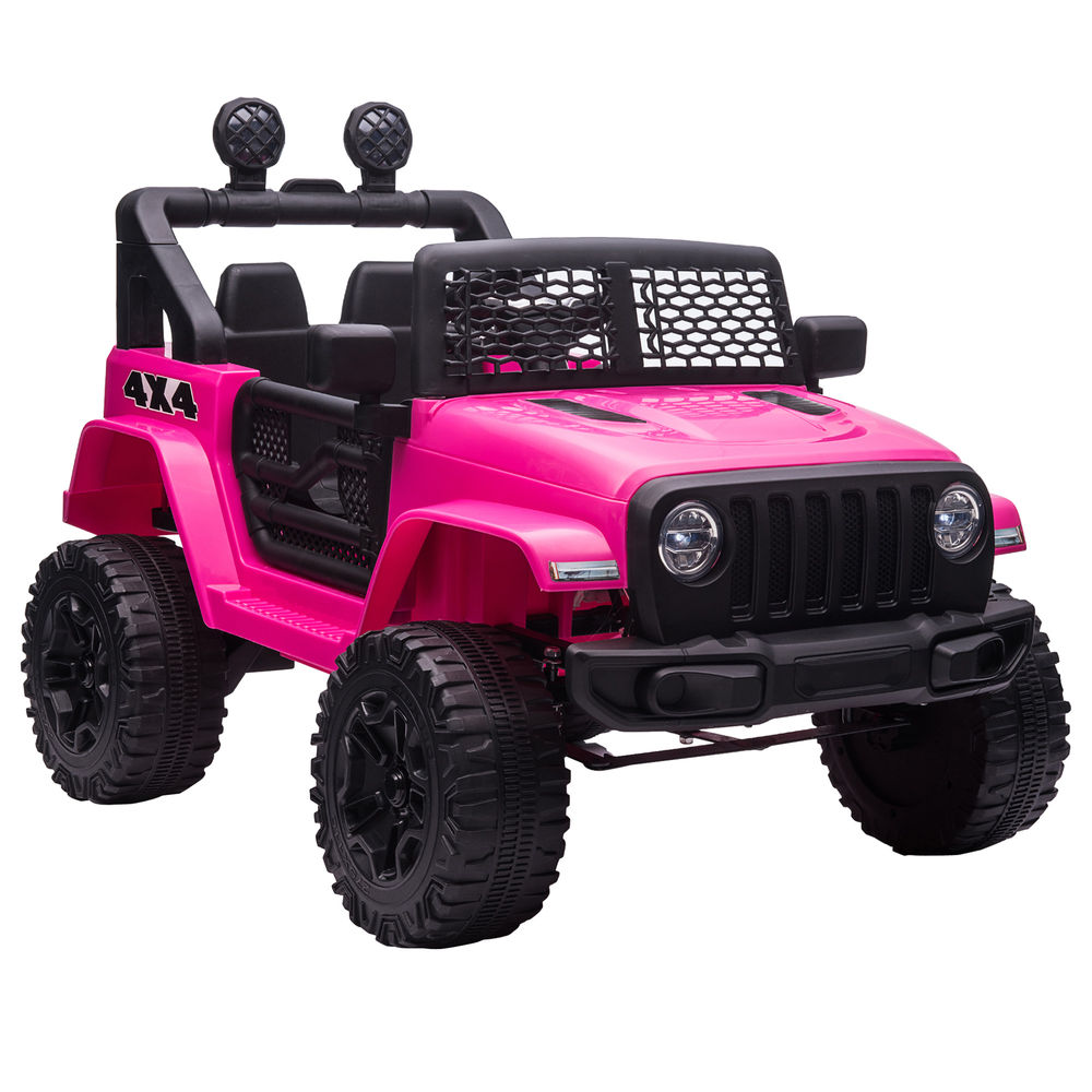 Un Jeep de juguete rosa con ruedas negras y jaula antivuelco.