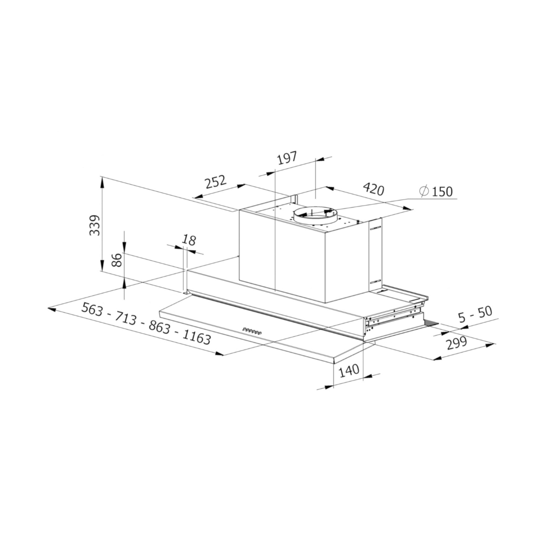Disegno tecnico di una cappa da cucina con dimensioni.