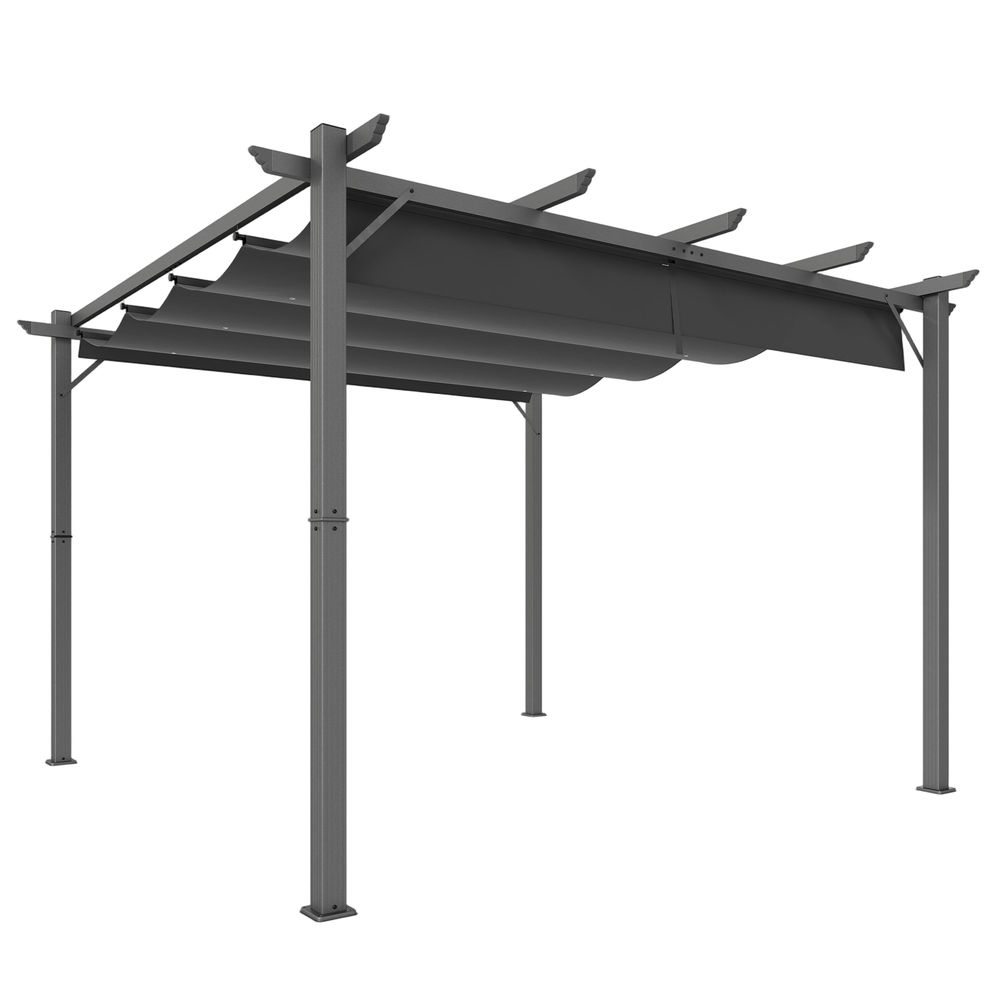 Estructura de pérgola gris con toldo retráctil oscuro sobre fondo blanco.