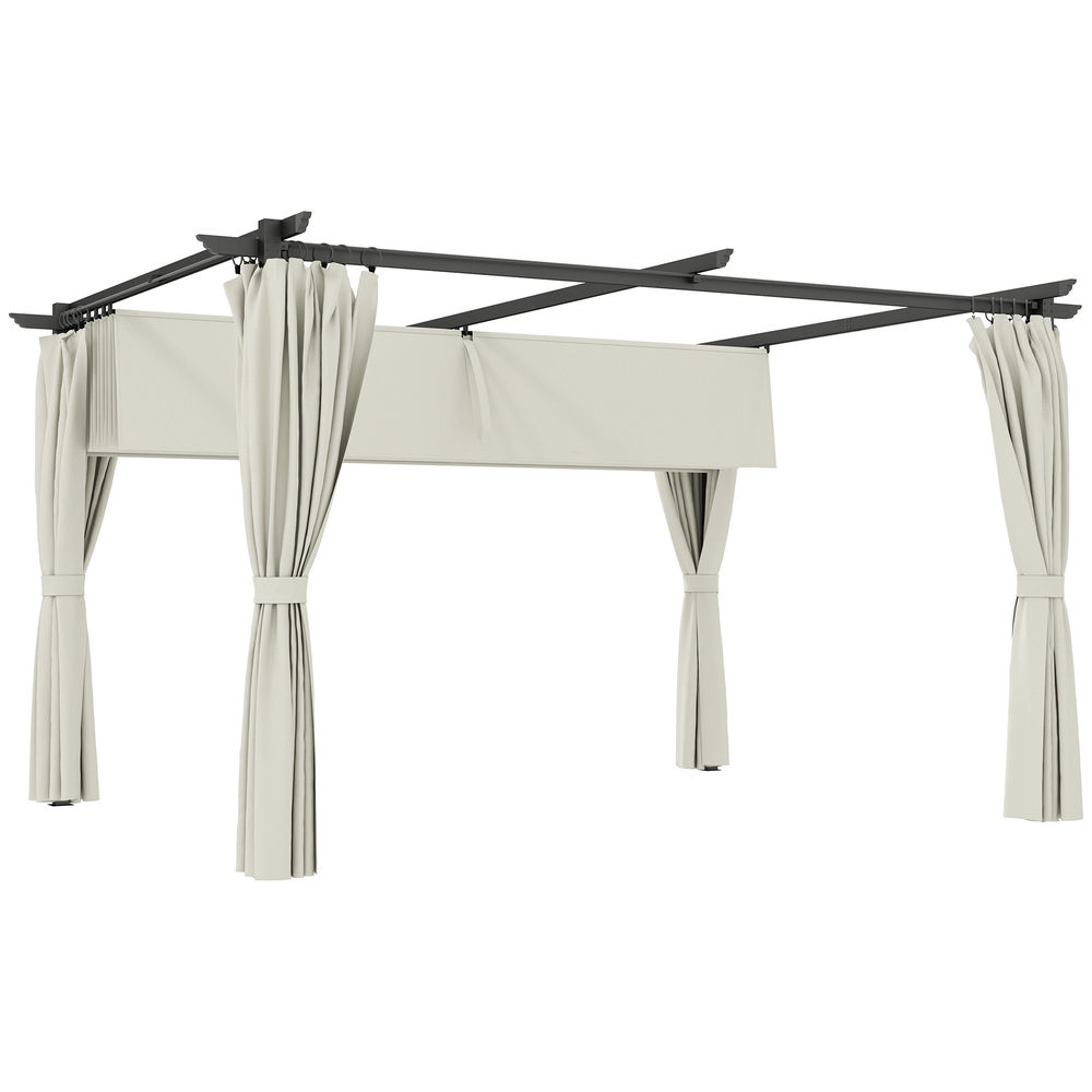Marco de pérgola oscuro con cortinas color crema, fondo blanco.