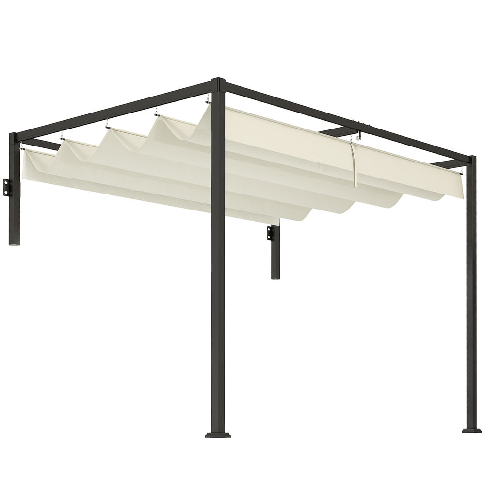 Un marco oscuro de pérgola con un toldo retráctil ondulado color crema.