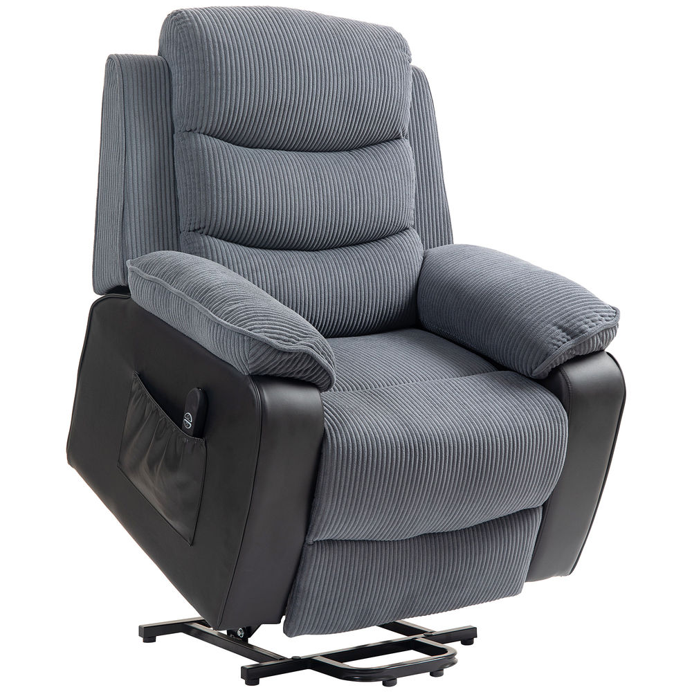 Un sillón reclinable de pana gris con detalles de cuero sintético negro y un bolsillo lateral.