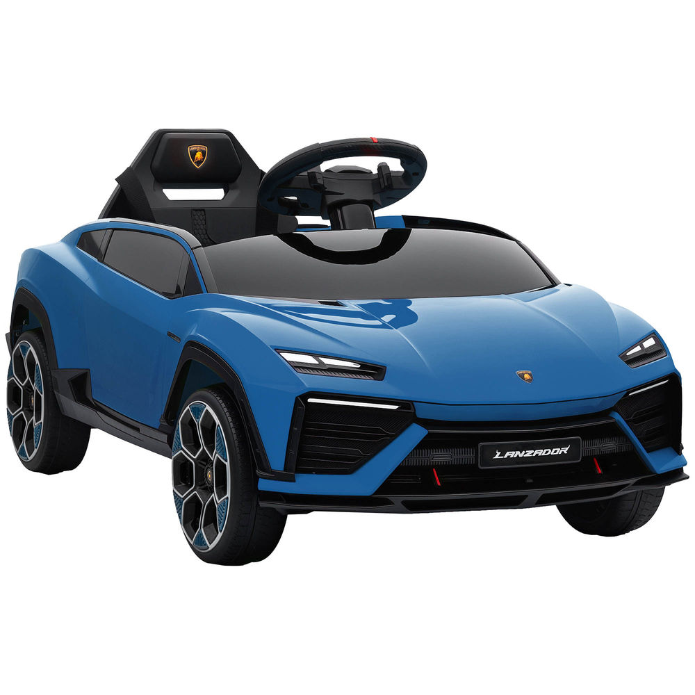 Un coche eléctrico de juguete Lamborghini azul con acentos negros y ruedas plateadas.