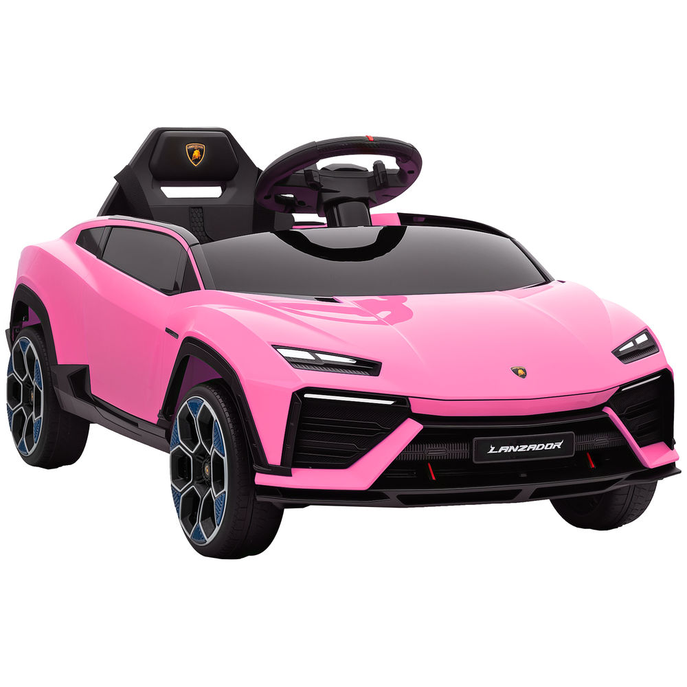 Un coche de juguete Lamborghini rosa con detalles negros y llantas azules.