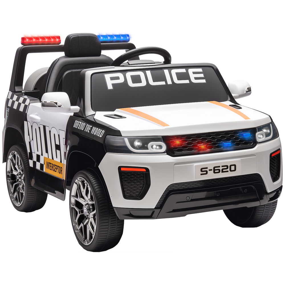 Un coche de policía de juguete blanco con detalles negros y luces azules.