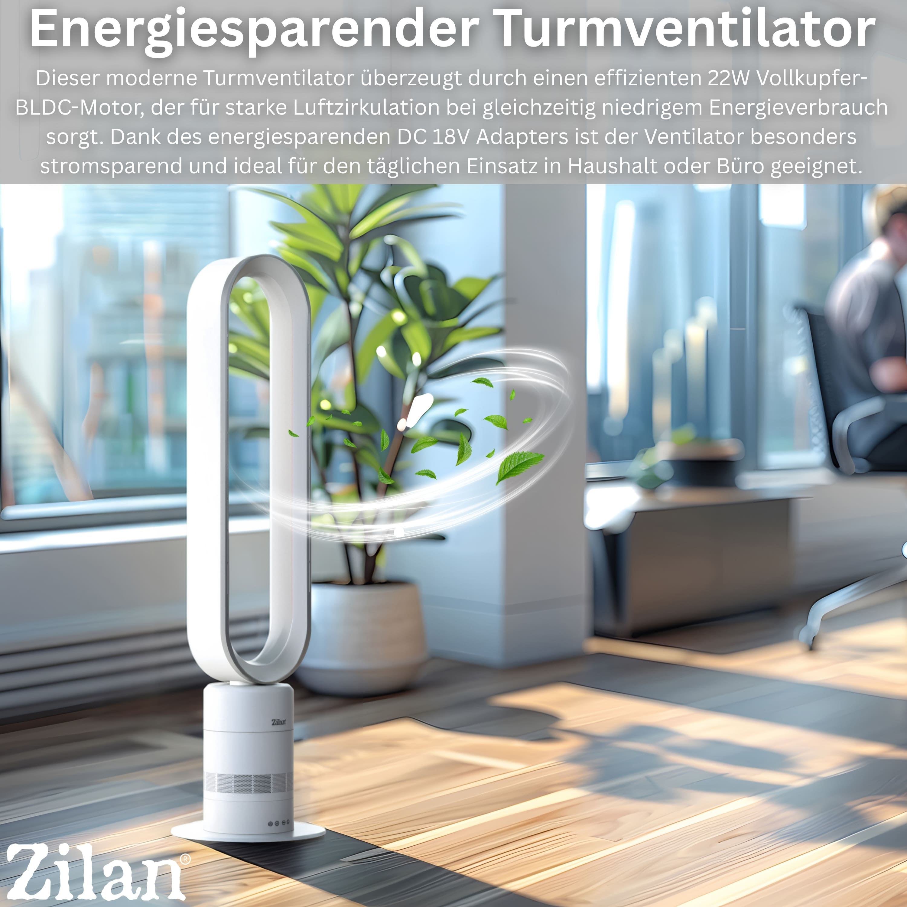 Ein weißer Turmventilator steht auf einem Holzboden. Blätter wirbeln um ihn herum.