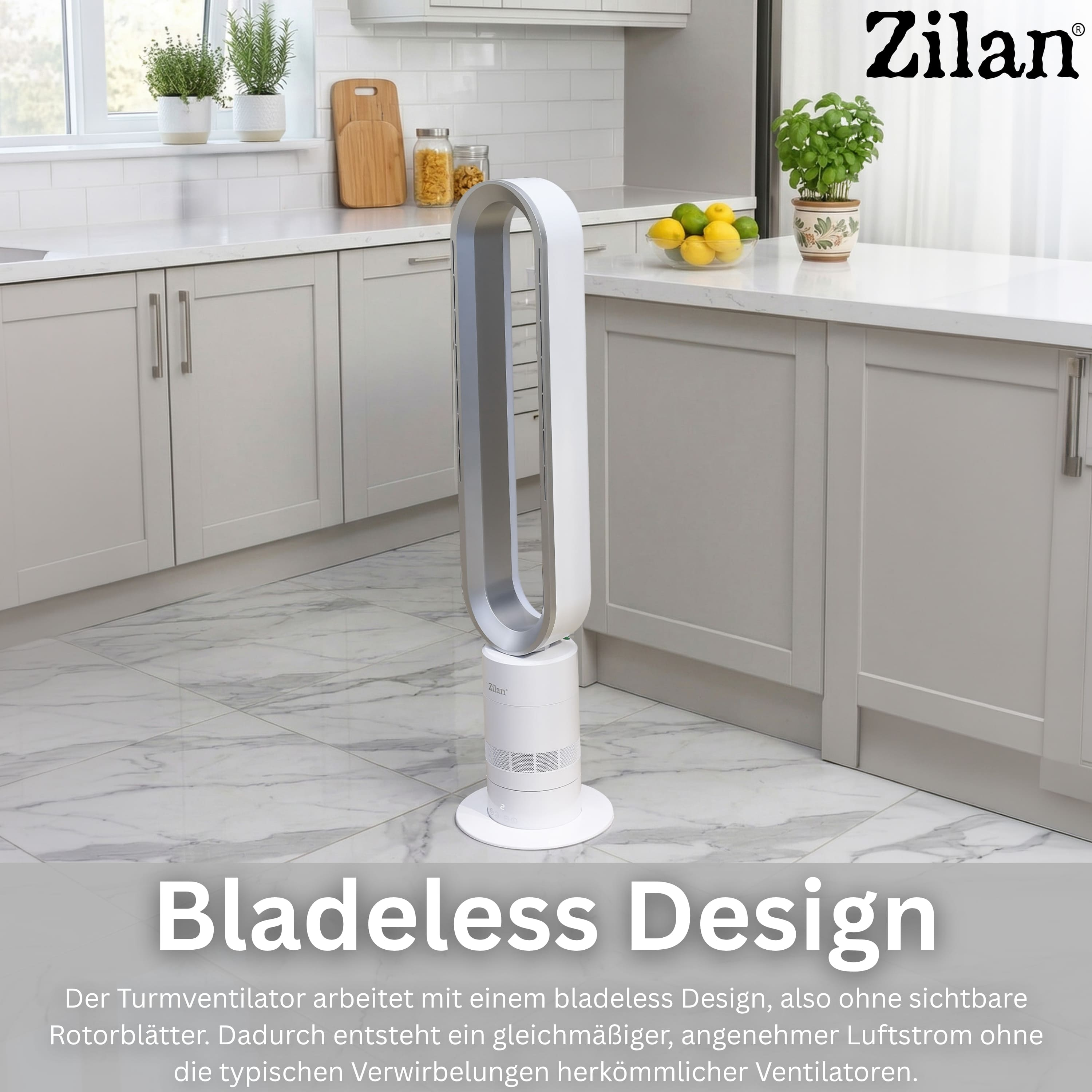 Ein weißer Turmventilator steht in einer modernen Küche mit Marmorboden.