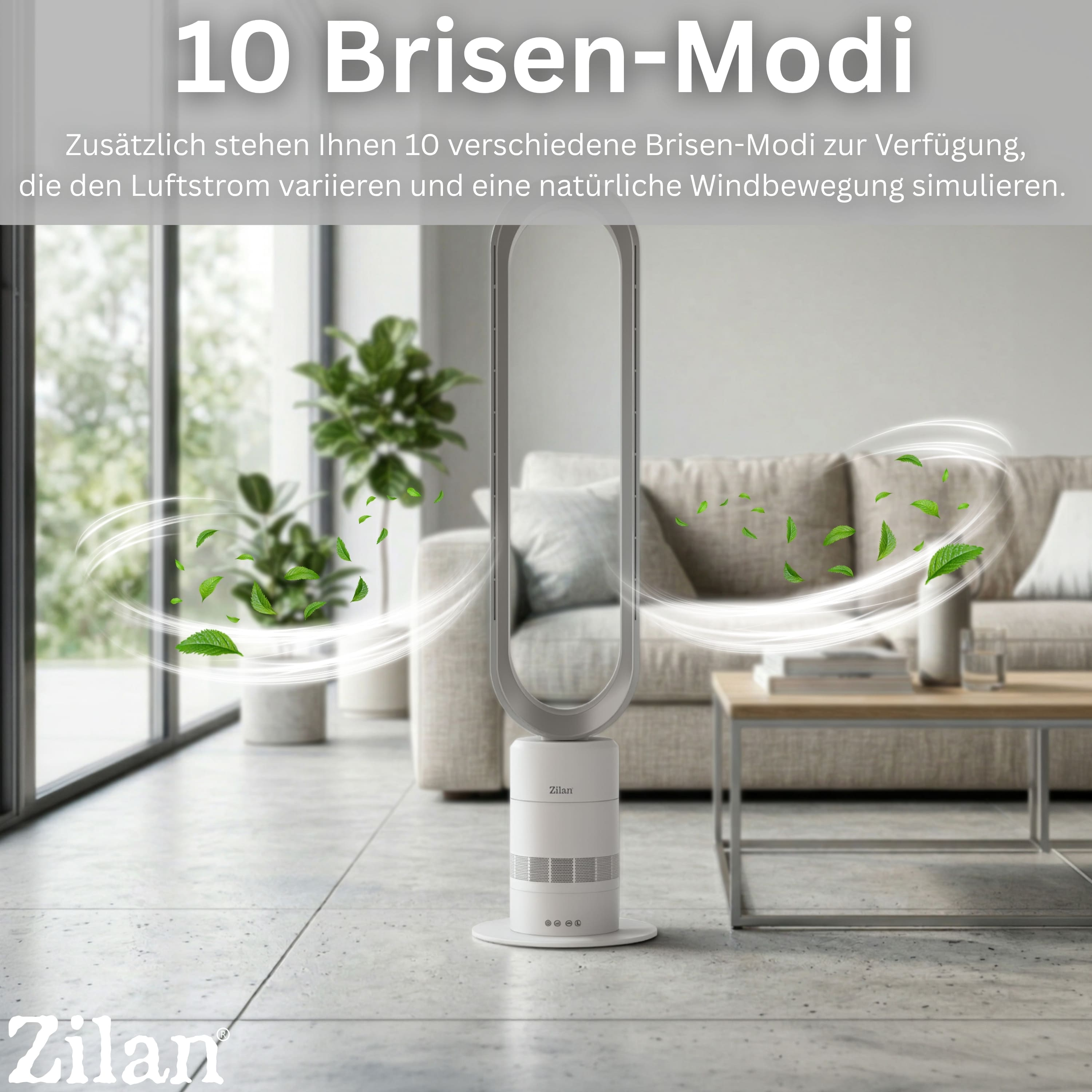 Ein moderner Turmventilator in einem Wohnzimmer, der Luftstrom wird durch Blätter dargestellt.