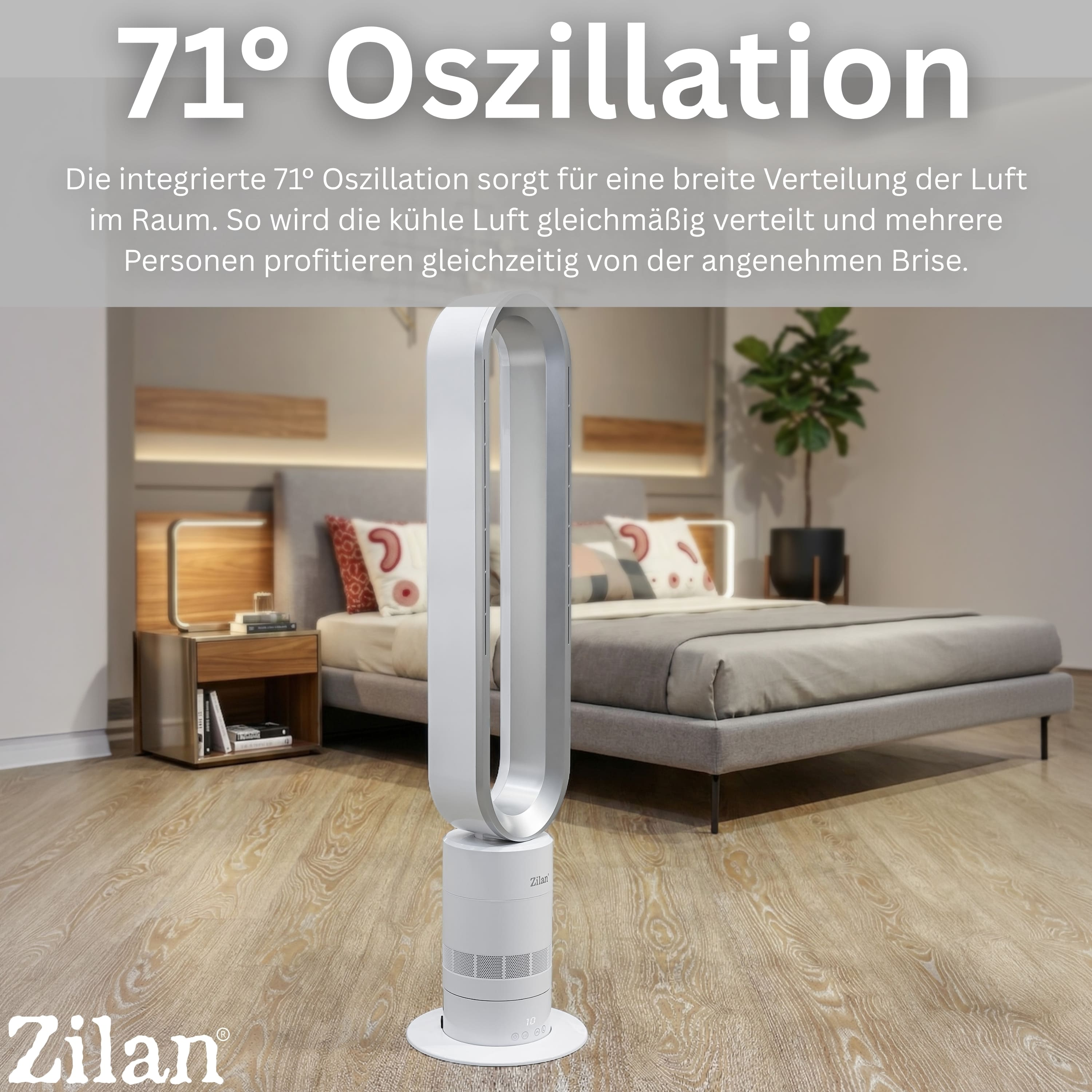 Ein weißer Turmventilator steht in einem Schlafzimmer neben einem Bett.