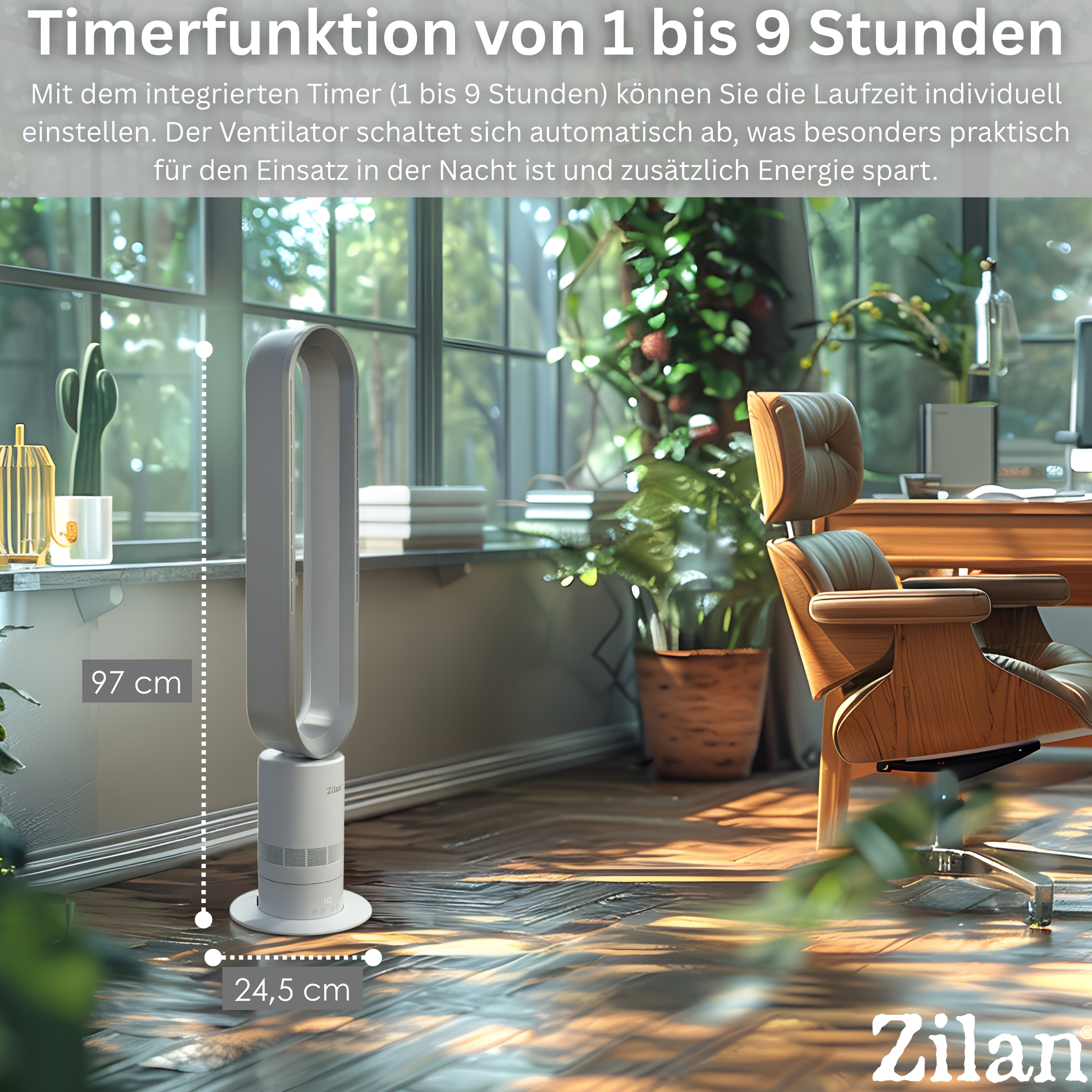 Ein schlanker, weißer Turmventilator von Zilan steht in einem hellen Raum.