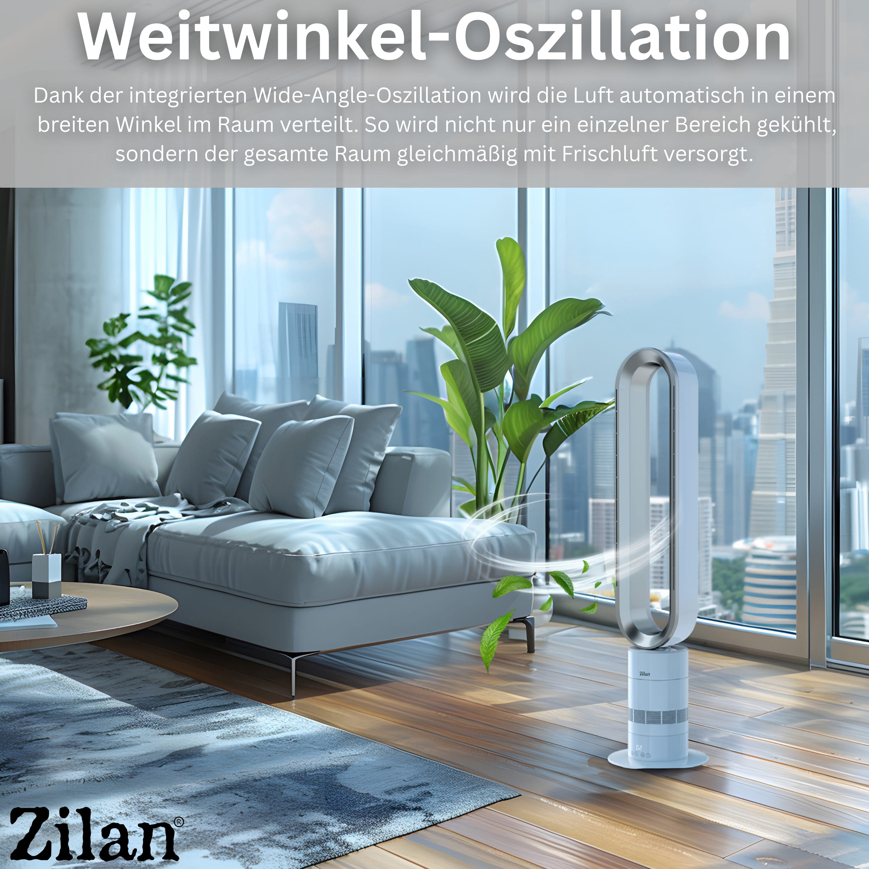 Ein moderner Turmventilator steht auf einem Holzboden vor einem großen Fenster.