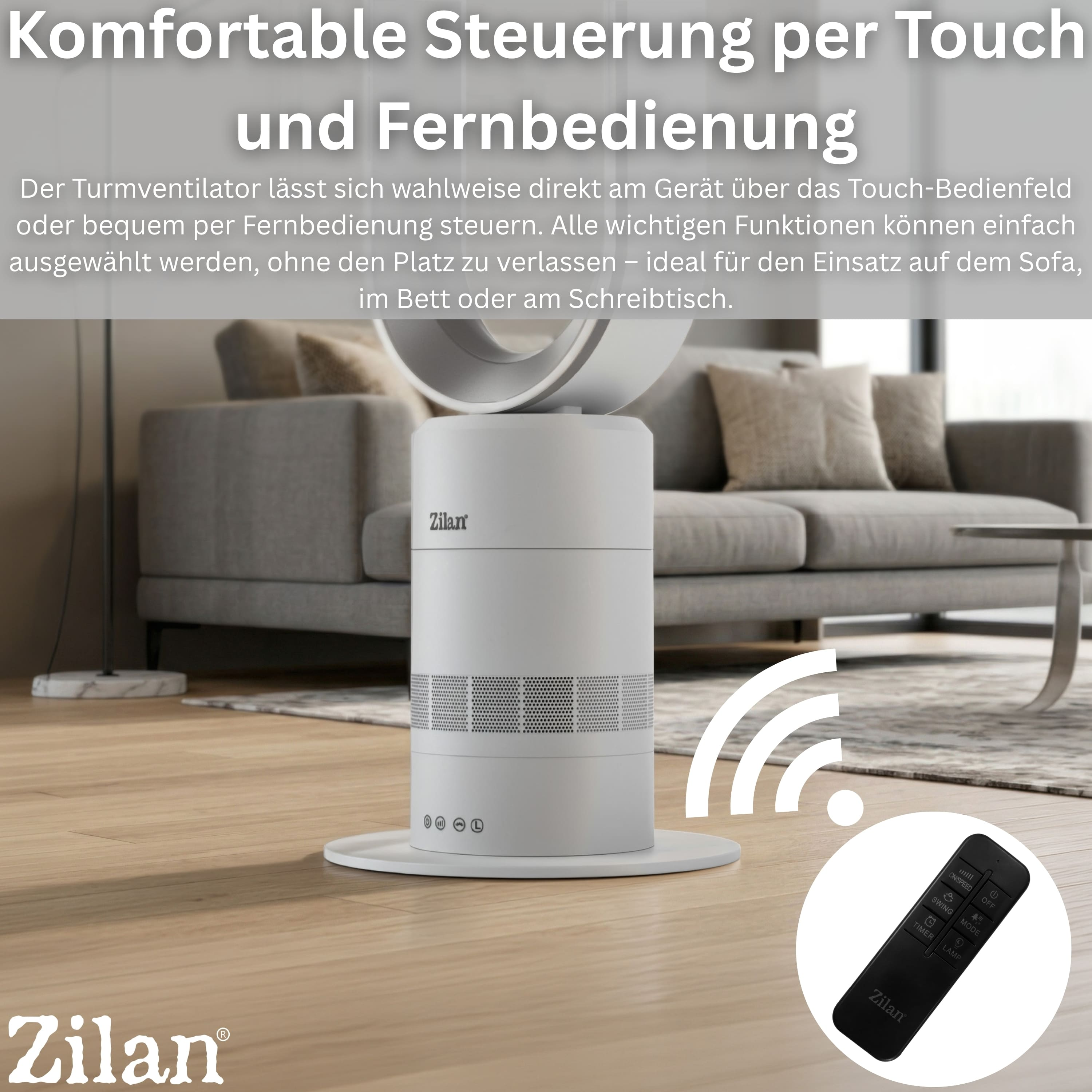 Ein weißer Turmventilator mit Fernbedienung auf einem Holzboden vor einem Sofa.