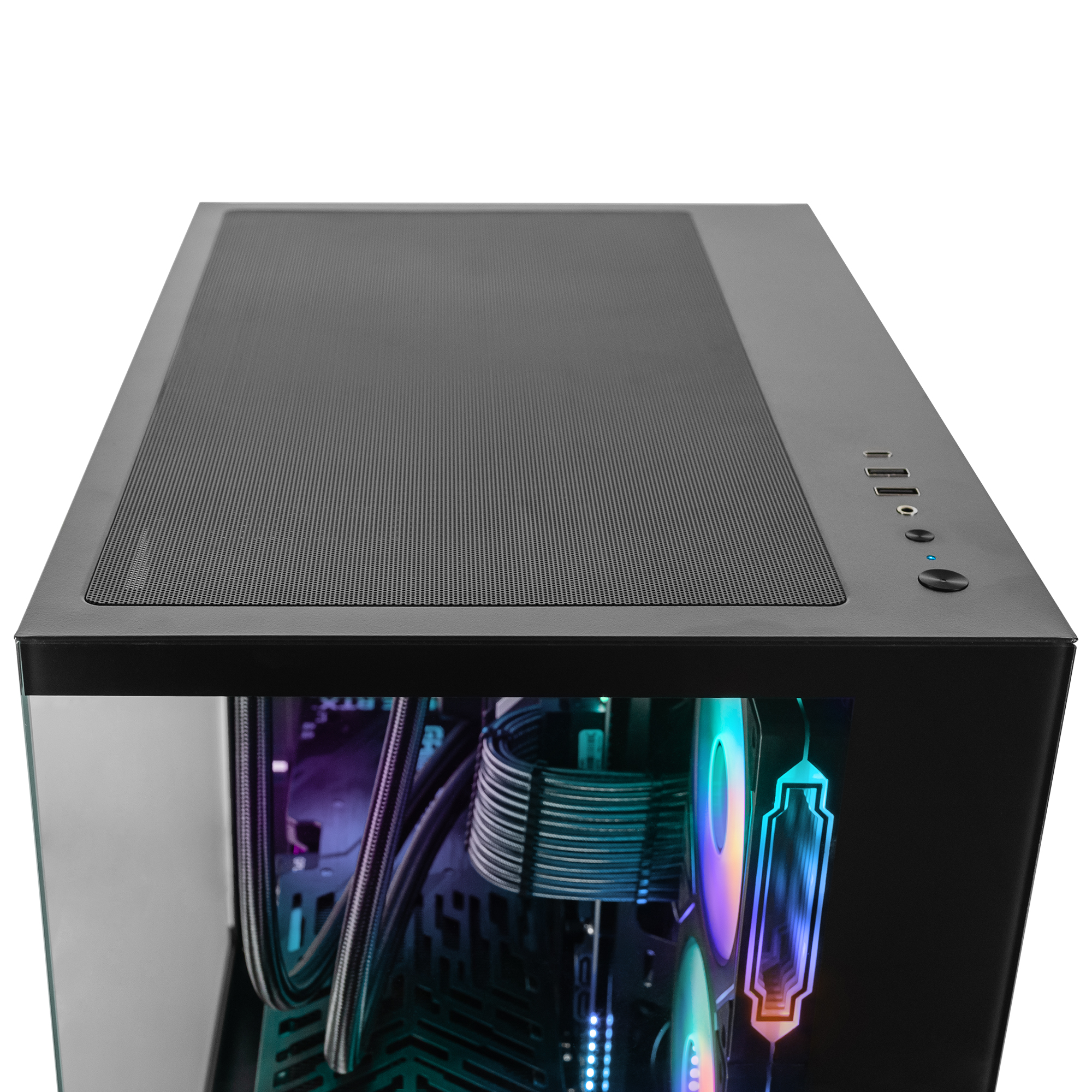 Case PC nero con top in mesh e ventole RGB visibili.