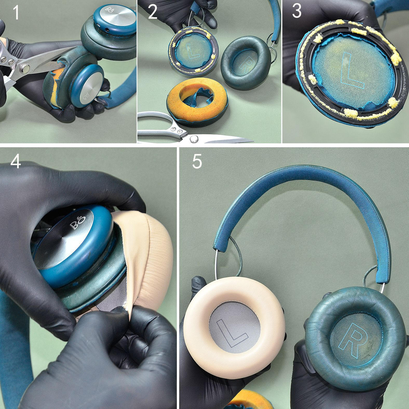 Wymiana poduszek nausznych słuchawek. Nożyce, stare i nowe poduszki.