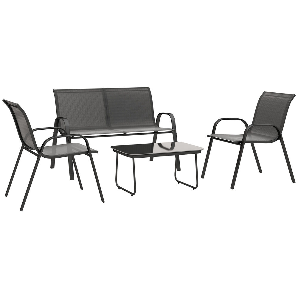 Un conjunto de muebles de metal gris con dos sillas, un banco y una mesa.