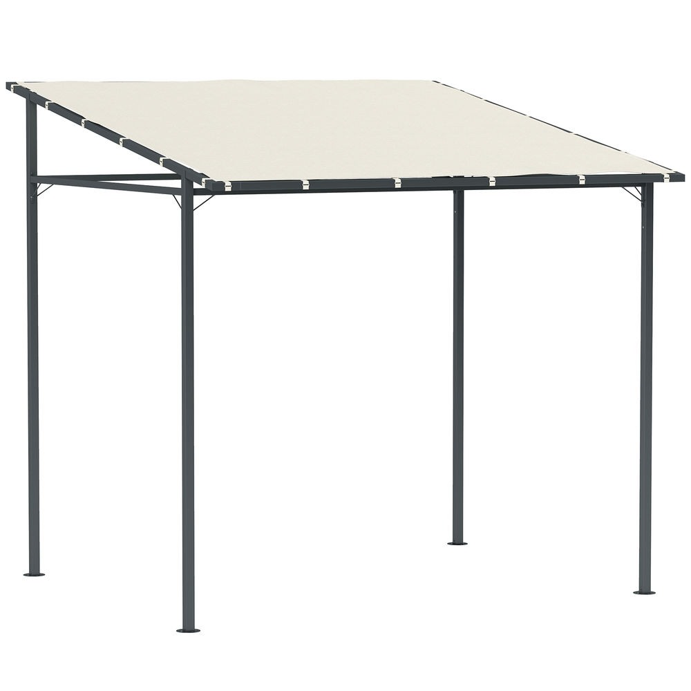 Una pérgola de metal gris oscuro con un toldo de tela color crema inclinado.