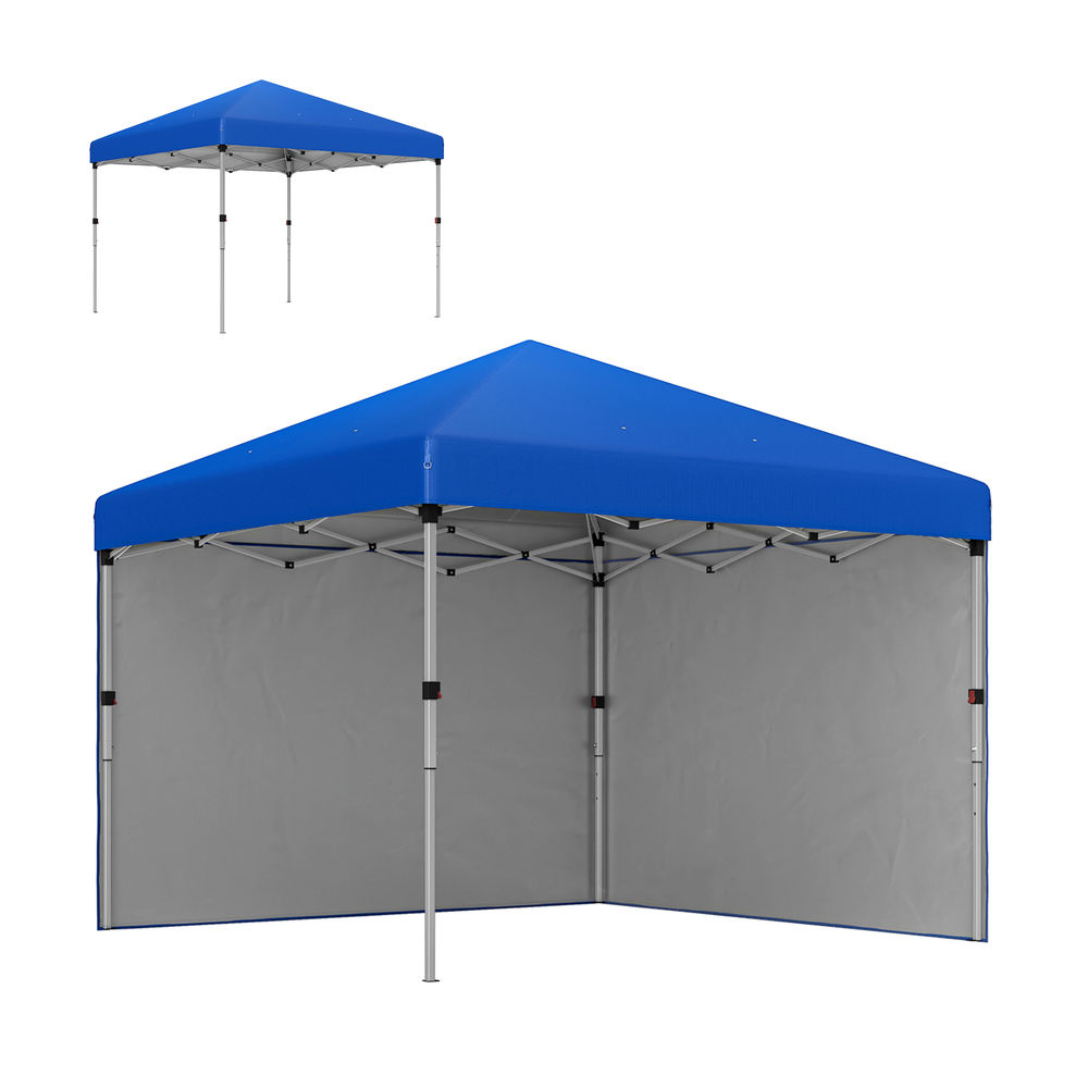 Una carpa azul con tela gris en tres lados y patas de metal.