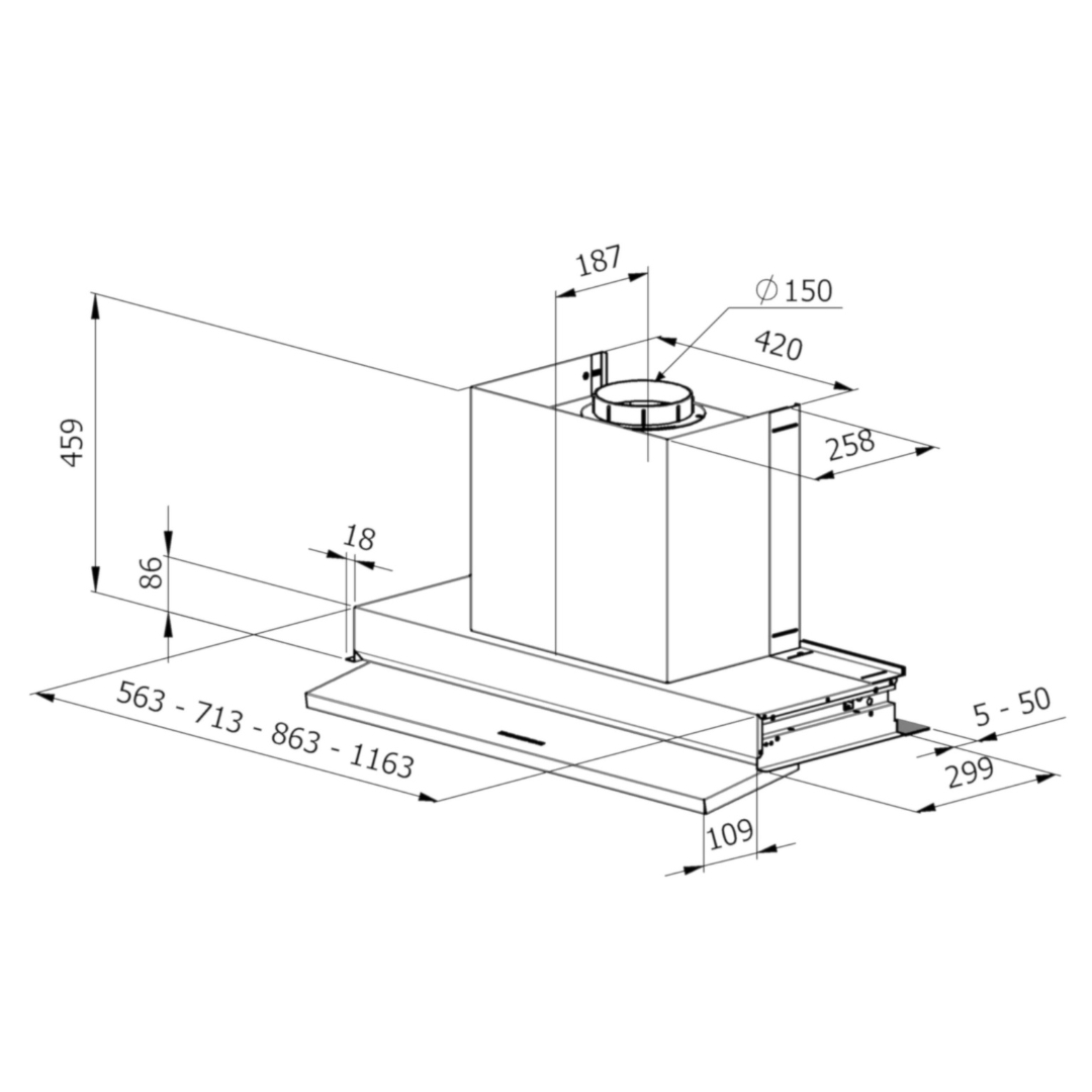 Disegno tecnico di una cappa da cucina con dimensioni in mm.