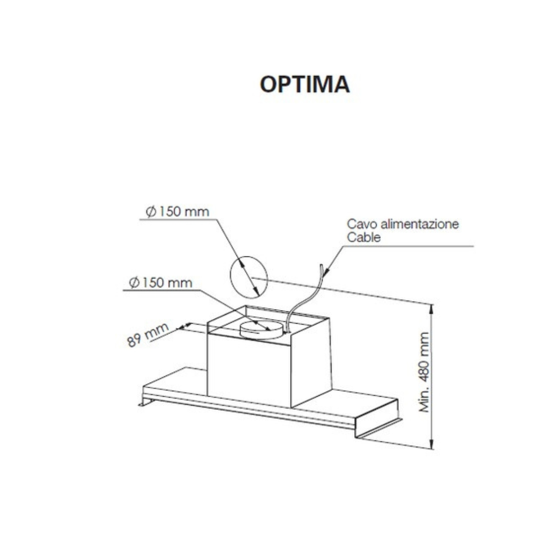 Disegno tecnico di una cappa aspirante con dimensioni.