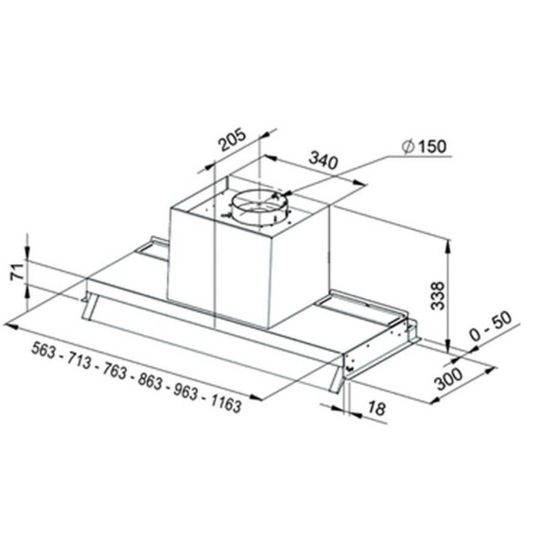 Disegno tecnico di una cappa da cucina con dimensioni.