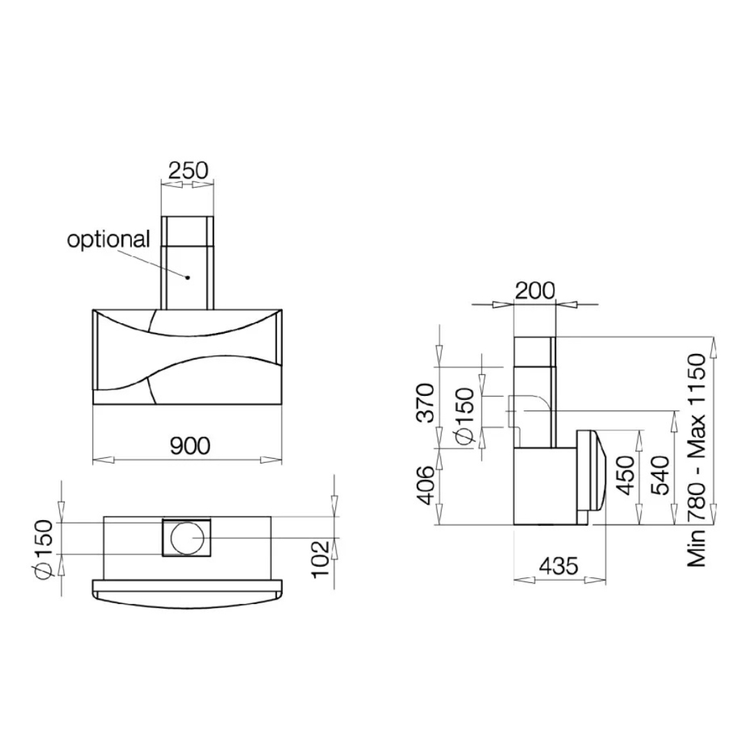 Disegno tecnico di una cappa da cucina con dimensioni.