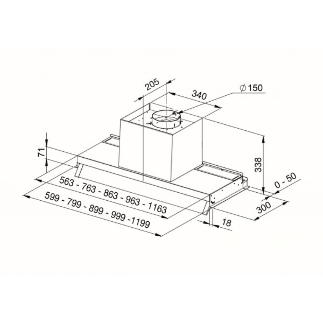 Disegno tecnico di una cappa da cucina con dimensioni.