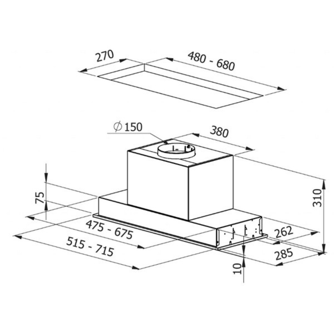 Disegno tecnico di una cappa da cucina con dimensioni.