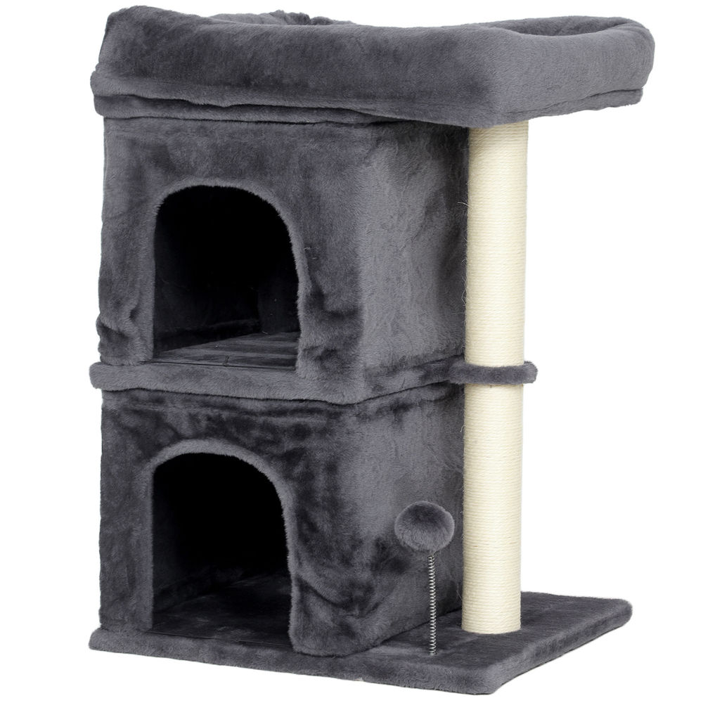 Árbol gris para gatos de dos niveles, con poste rascador y juguete