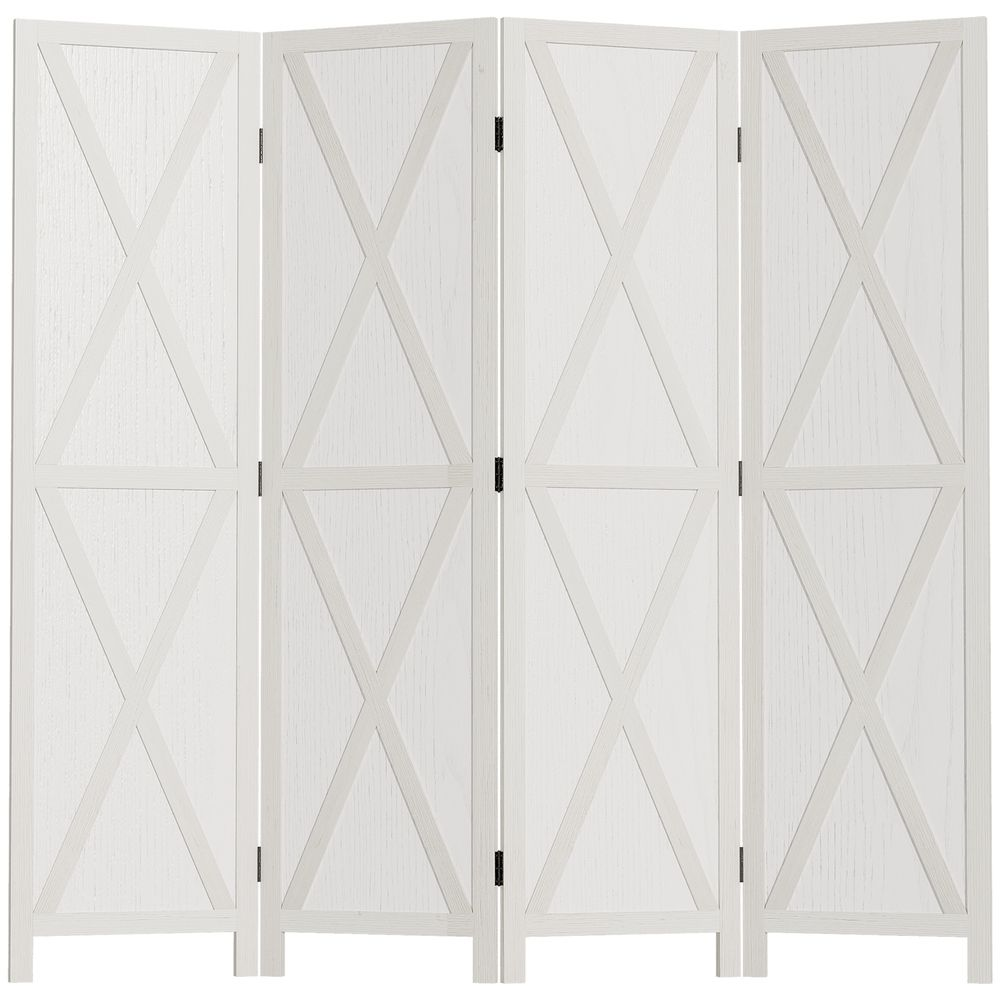 Un divisor de habitación blanco de cuatro paneles con adornos en forma de X.