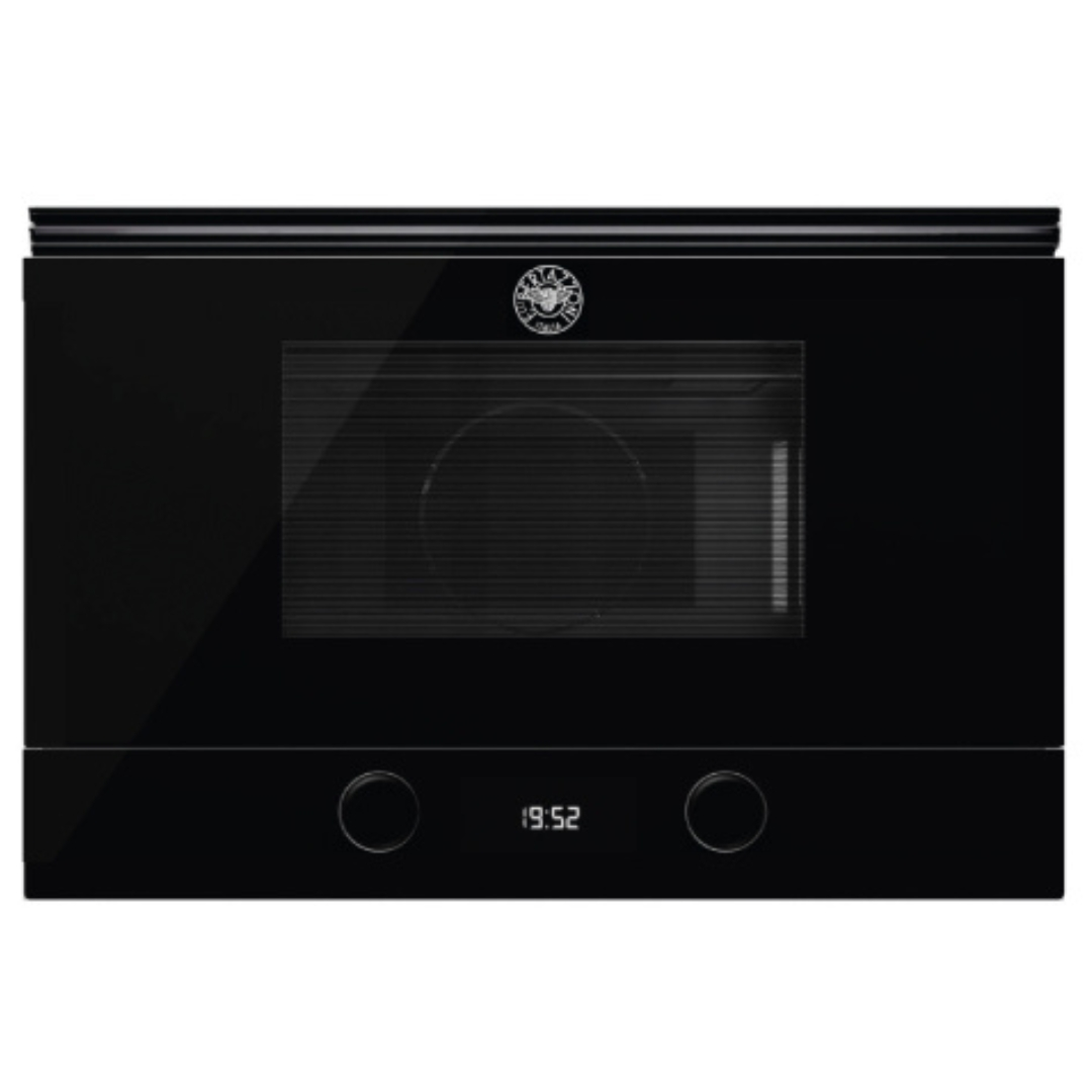 Forno a microonde da incasso nero con frontale in vetro e display digitale.
